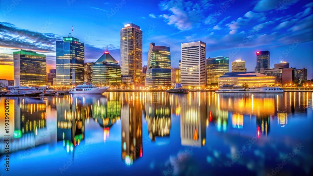 Naklejka premium Stunning Cityscape at Dusk with Reflections on Water Surface