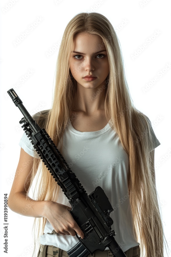 A young woman with long, straight blonde hair holding an assault rifle, isolated against a white background. A young woman with long, straight blonde hair holding an assault rifle, isolated against a white background.