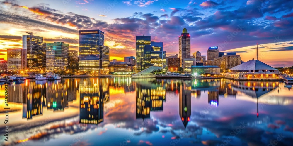 Obraz premium Stunning City Skyline at Twilight Over Calm Water Reflection