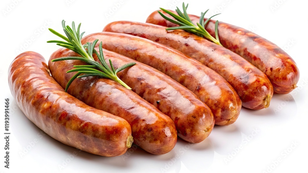 Delicious Pork Sausages, Isolated White Background, High-Resolution Food Photography, Culinary Images, Meat Products