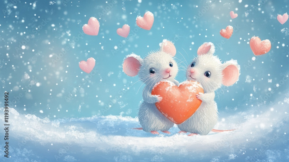 Winter-themed illustration of mice holding a big heart in a snowy setting with floating pastel-colored hearts Winter-themed illustration of mice holding a big heart in a snowy setting with floating pastel-colored hearts