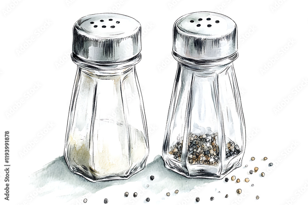 Two spice shakers, one for salt and one for pepper, on a clean surface. Two spice shakers, one for salt and one for pepper, on a clean surface.
