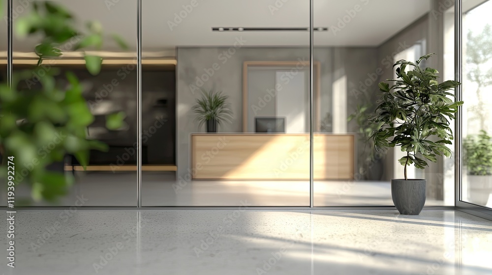 Obraz premium Blurred office interior background with a blurred door and glass wall, blurry bokeh light effect for a business concept design. High-quality photo, taken with a telephoto lens in realistic daylight.