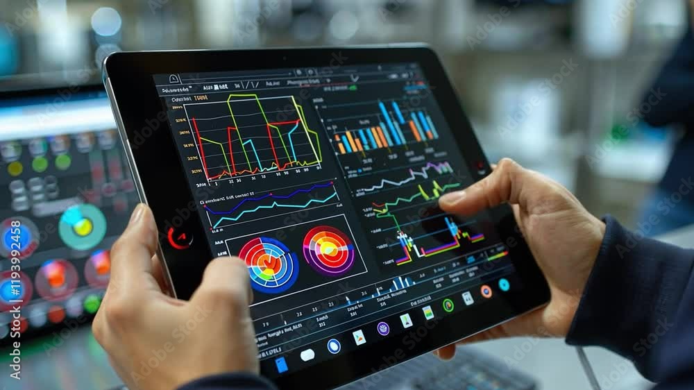 Data Analysis on Tablet: Hands navigate a tablet displaying a colorful and detailed set of data graphs, revealing the power of visual analytics in today's data-driven world. Data Analysis on Tablet: Hands navigate a tablet displaying a colorful and detailed set of data graphs, revealing the power of visual analytics in today's data-driven world.