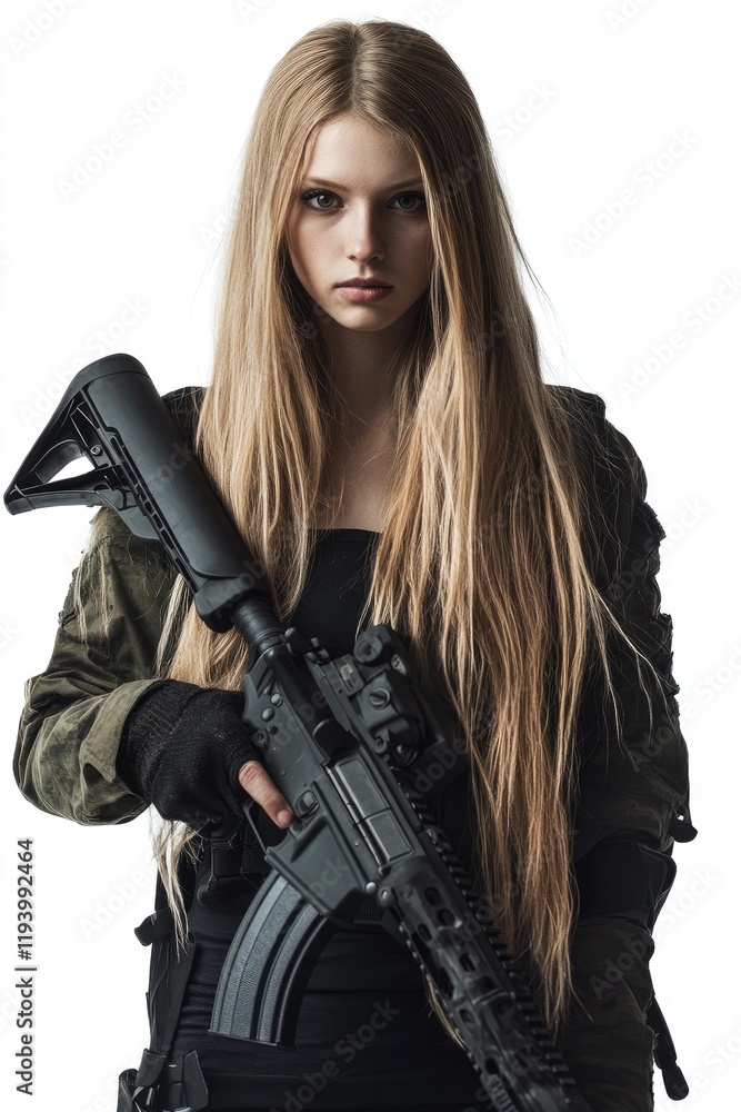 A young woman with long, straight blonde hair holding an assault rifle, isolated against a white background. A young woman with long, straight blonde hair holding an assault rifle, isolated against a white background.
