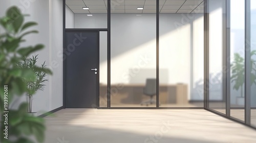 Blurred office interior background with a blurred door and glass wall, blurry bokeh light effect for a business concept design. High-quality photo, taken with a telephoto lens in realistic daylight.