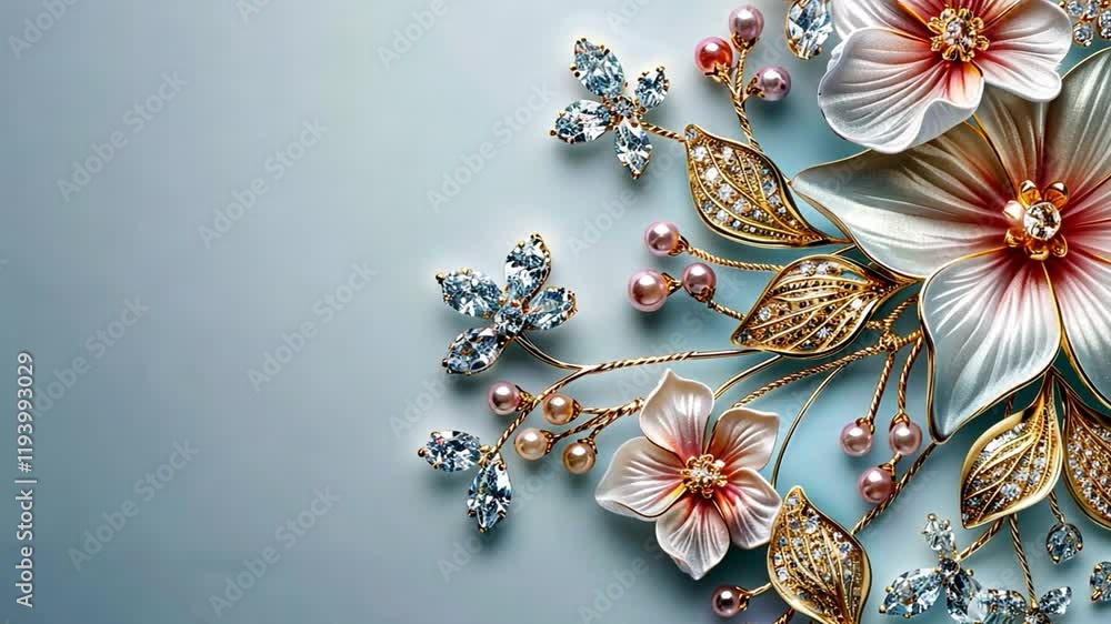 A Delicate Bloom of Jewelry: A composition of delicate white and pink flowers crafted from gold and adorned with pearls and shimmering gemstones. A Delicate Bloom of Jewelry: A composition of delicate white and pink flowers crafted from gold and adorned with pearls and shimmering gemstones.