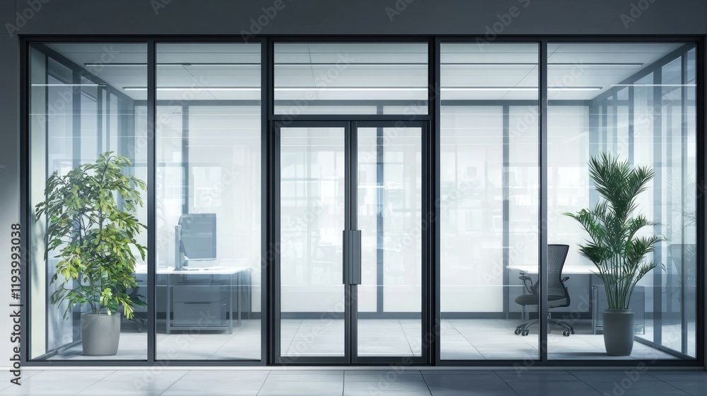 Fototapeta premium Blurred office interior background with a blurred door and glass wall, blurry bokeh light effect for a business concept design. High-quality photo, taken with a telephoto lens in realistic daylight.