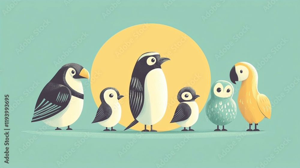 Fototapeta premium Cute Cartoon concept. Charming group of cartoon birds against a sunny backdrop.