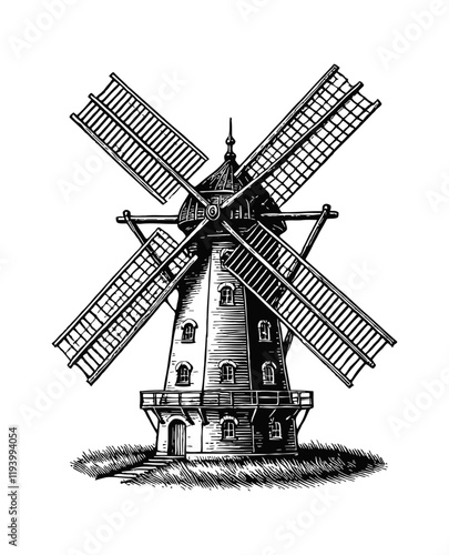 windmill engraving black and white outline