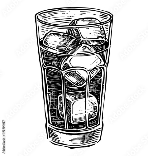 soda cola glass ice engraving black and white outline