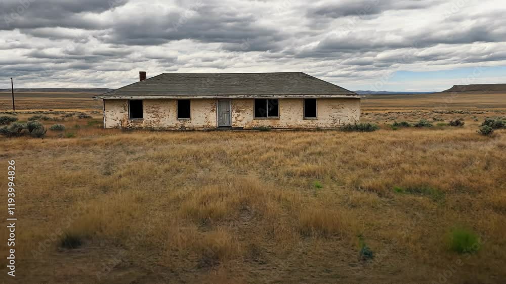 Deserted building stands alone in a vast grassland under a cloudy sky in a remote landscape Deserted building stands alone in a vast grassland under a cloudy sky in a remote landscape