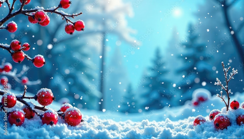 Winter wonderland background with snowflakes and red berries, frosty, blue, berries Winter wonderland background with snowflakes and red berries, frosty, blue, berries