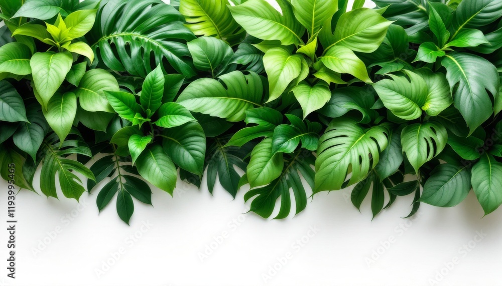 Vibrant Tropical Leaves Arrangement on White Background Vibrant Tropical Leaves Arrangement on White Background