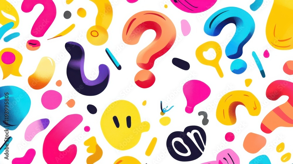 Colorful Abstract Background with Question Marks, Speech Bubbles, and Fun Shapes Ideal for Creative Projects, Advertising, and Social Media Content Colorful Abstract Background with Question Marks, Speech Bubbles, and Fun Shapes Ideal for Creative Projects, Advertising, and Social Media Content
