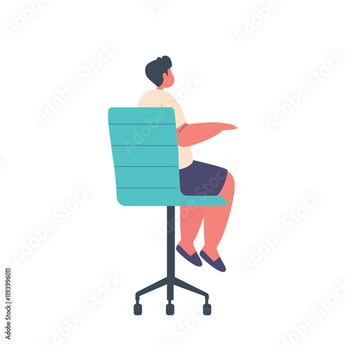 Little Boy Character Sitting On Chair Rear View With Hands Up And Feet Dangling Appears To Be Looking At Something