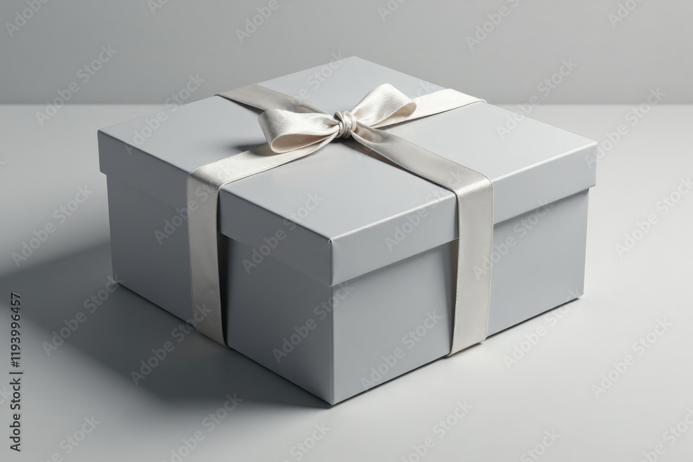 A large elegant gray box with a small white ribbon tied in a simple bow at the top, gray, packaging A large elegant gray box with a small white ribbon tied in a simple bow at the top, gray, packaging
