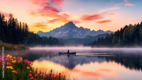 Serene Sunrise Reflections Over Mountain Lake with Canoeist