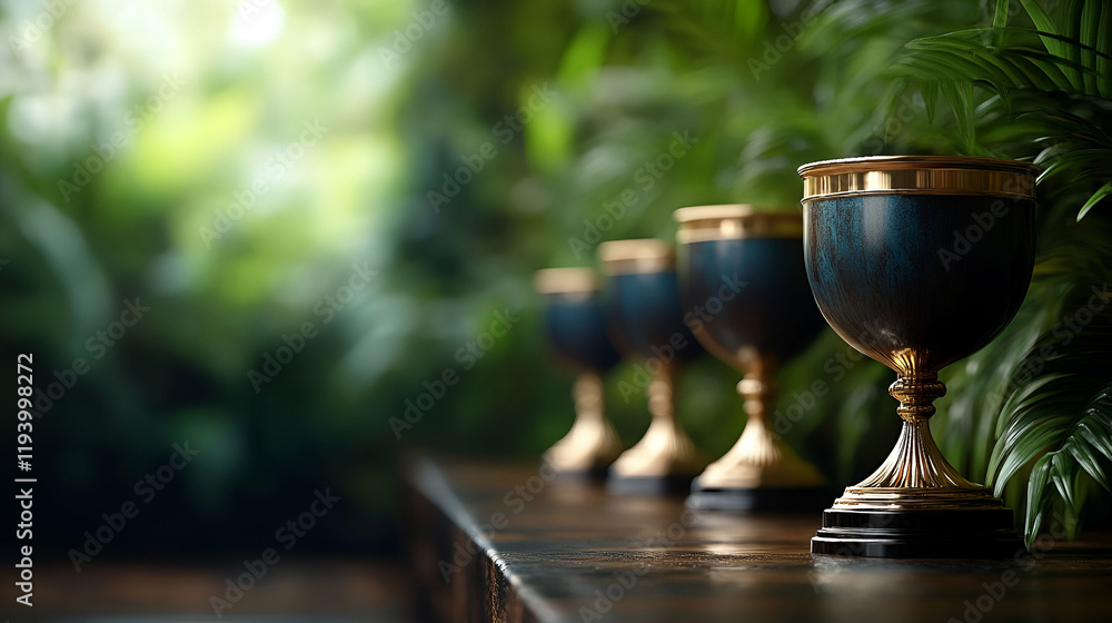 Elegant goblets, lush foliage backdrop, ceremony Elegant goblets, lush foliage backdrop, ceremony