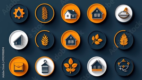 Colorful icons representing home, nature, tools, and communication in a modern design suitable for various themes