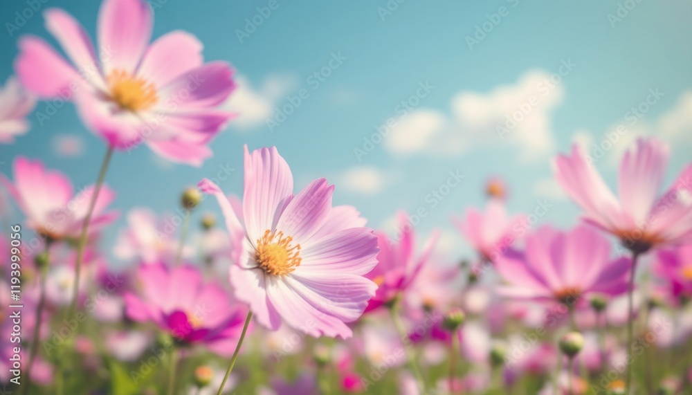 Beautiful Pink Cosmos Flowers Against a Sunny Sky Beautiful Pink Cosmos Flowers Against a Sunny Sky