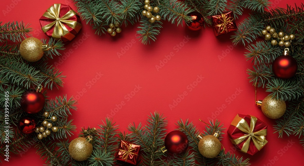 Christmas decoration, pine branches, red background, ornaments, baubles, festive Christmas decoration, pine branches, red background, ornaments, baubles, festive