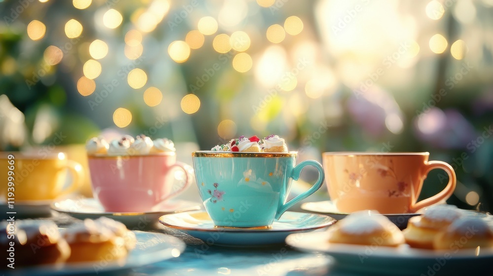 Fototapeta premium Whimsical tea party with colorful cups, pastries, and soft bokeh