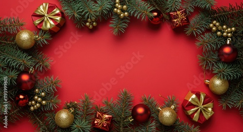 Wallpaper Mural Christmas decoration, pine branches, red background, ornaments, baubles, festive Torontodigital.ca