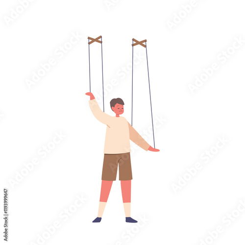 Child Marionette Character Suspended By Strings, Representing The Concept Of Parental Manipulations, Control