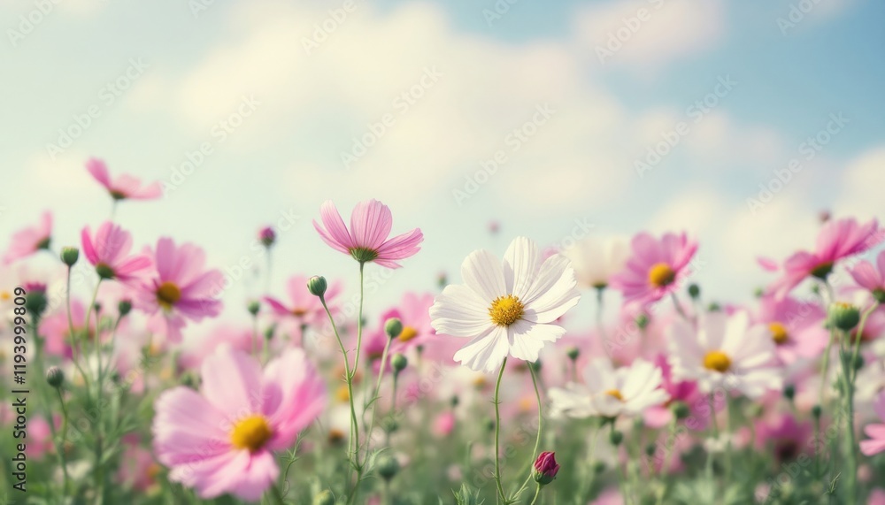 Delicate Pink and White Cosmos Flowers in a Field Delicate Pink and White Cosmos Flowers in a Field