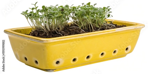 A bright yellow, glazed, earthenware planter with small holes drilled into the bottom, containing a collection of tiny, delicate seedling plants arranged in layers, soil, potting mixes, terracotta