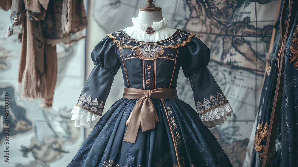 dark blue and white Gothic-style long-sleeved dress with an embroidered pattern on the chest, a brown belt around the waist, a cream-colored skirt dark blue and white Gothic-style long-sleeved dress with an embroidered pattern on the chest, a brown belt around the waist, a cream-colored skirt