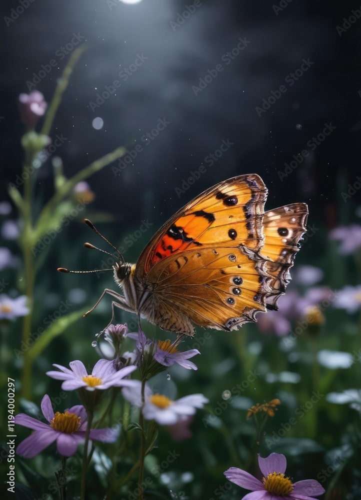 Obraz premium A butterfly alights on a wet petal of a wildflower in the dark meadow at night, serene, calm, landscape