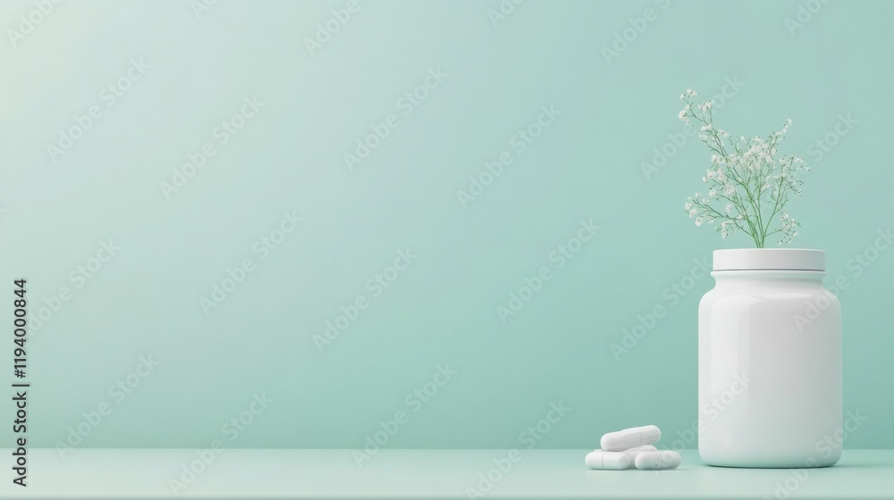 Minimalistic composition of a white jar containing delicate foliage against a soft pastel green background, symbolizing tranquility and wellness in lifestyle imagery