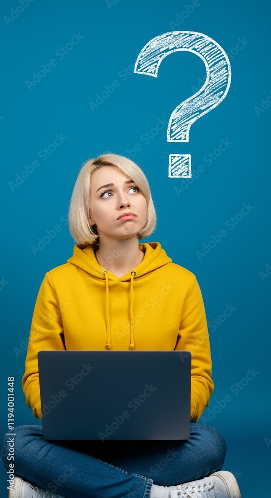 Thoughtful Young Caucasian Woman Sitting with a Laptop and a Question Mark on a Blue Background Thoughtful Young Caucasian Woman Sitting with a Laptop and a Question Mark on a Blue Background