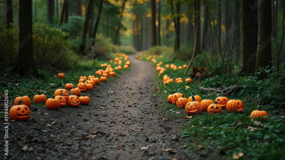 Obraz premium A cluster of small jack-o-lanterns are scattered across a forest path, casting an orange glow on the trees and underbrush, warm ambiance, woodland