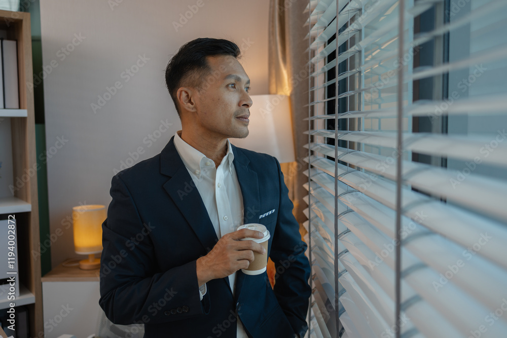 businessman in office relaxing in the office, calm businessman sit relax in his private office workplace take a break, happy relaxed young, man, Asian businessman is relaxing after finishing work