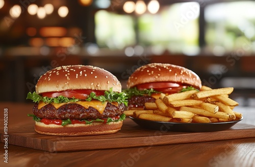 Restaurant cheeseburgers fries wooden board photo