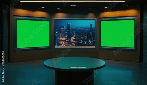 Wallpaper Mural Modern studio backdrop, city view, green screens, presentation table Torontodigital.ca