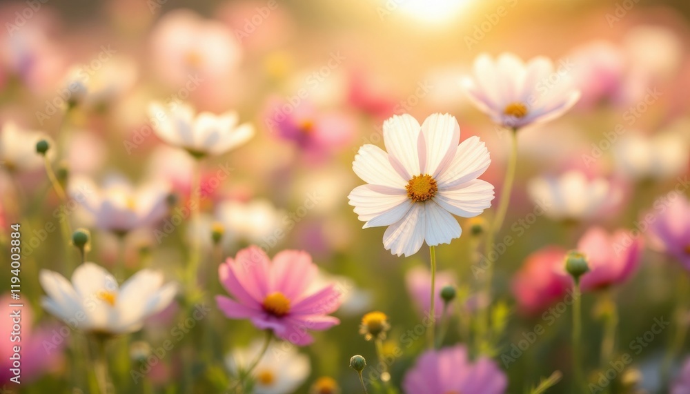 Beautiful cosmos flowers in a summer field at sunset. Beautiful cosmos flowers in a summer field at sunset.