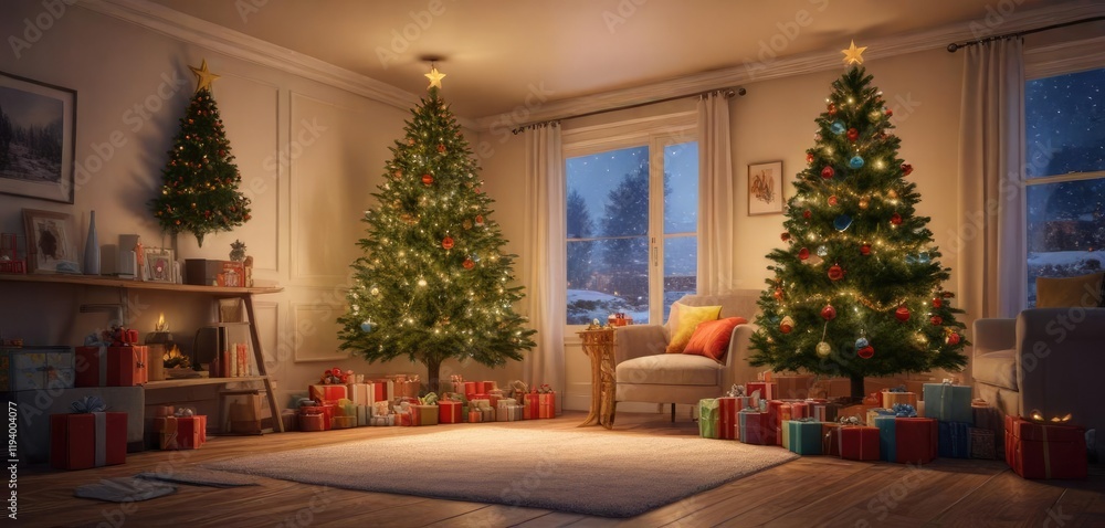 A cozy room filled with gifts and a Christmas tree under the stars, festive decor, twinkling lights A cozy room filled with gifts and a Christmas tree under the stars, festive decor, twinkling lights