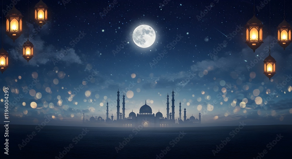 Naklejka premium Ramadan background, abstract ramadan background, dreamy ramadan kareem background, moon and sky background, mosque background, ramadan advertising, promotion, wallpaper, 4k