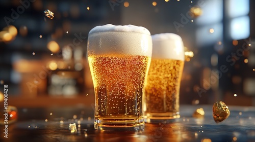 A Vibrant Texture of Golden Beer with a Thick Foam Head, High-Resolution