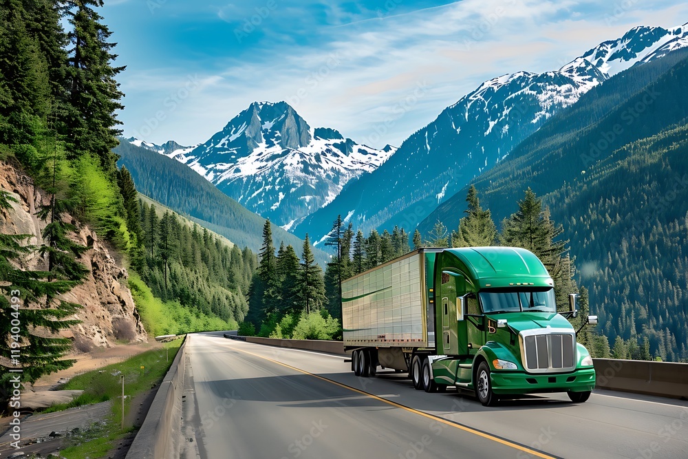Truck on the road with mountains and forest in the background. Truck on the road with mountains and forest in the background.
