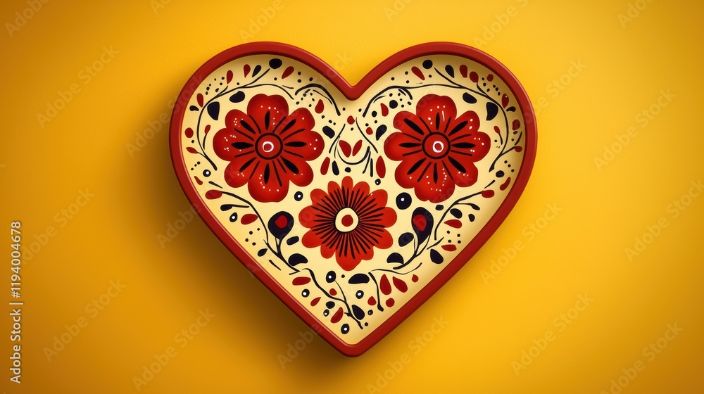 Artistic heart-shaped plate with floral design home decor vibrant yellow background Artistic heart-shaped plate with floral design home decor vibrant yellow background