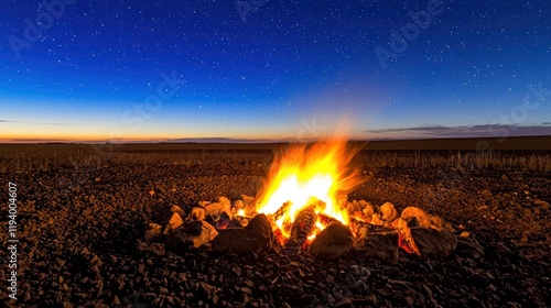 Campfire gathering under the stars remote field night scene tranquil atmosphere photo