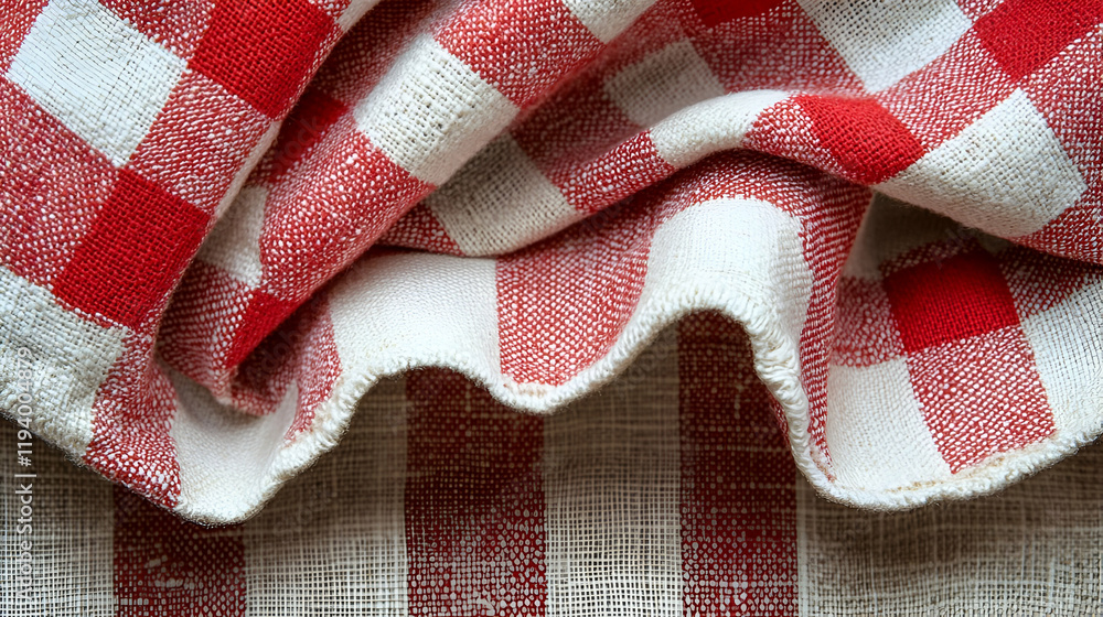 Fototapeta premium Red gingham tablecloth folds, rustic texture background