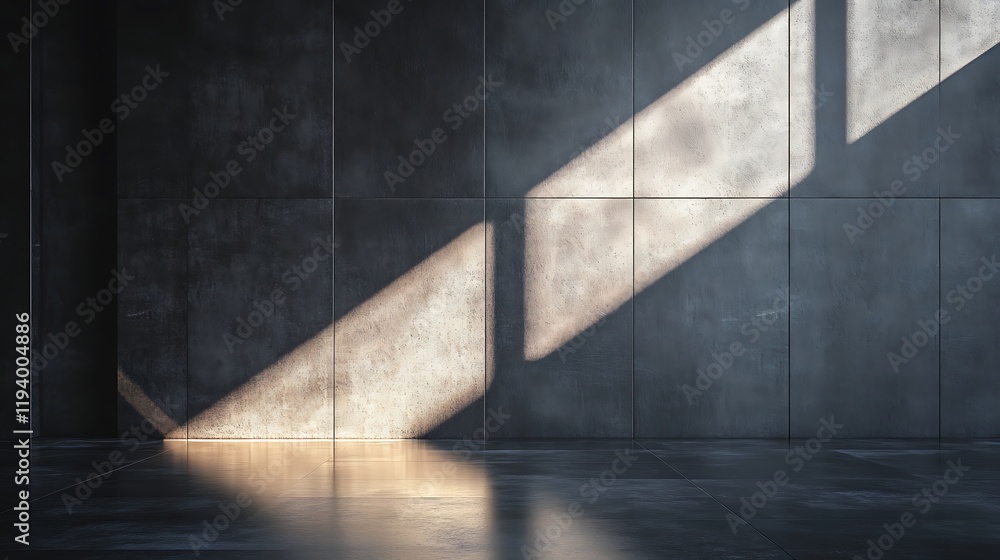 A dark matte concrete wall with faint geometric patterns, paired with a polished floor, illuminated by directional lighting to create dynamic shadows for a modern product showcase, hd quality, A dark matte concrete wall with faint geometric patterns, paired with a polished floor, illuminated by directional lighting to create dynamic shadows for a modern product showcase, hd quality,