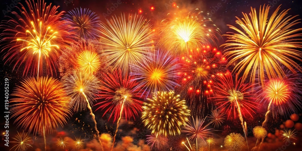 Naklejka premium Red Fireworks Photography, Night Sky, Colorful Explosions, 4th of July, Festive Pyrotechnics, Dramatic Night Scene, Fireworks Display, Candid Shot, Celebration