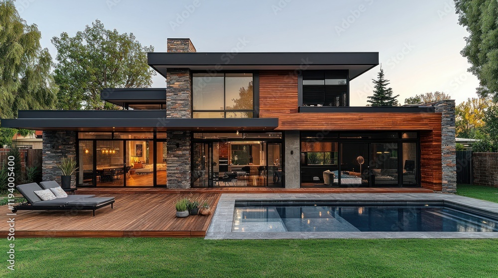 Modern house with pool and deck, evening light. Modern house with pool and deck, evening light.